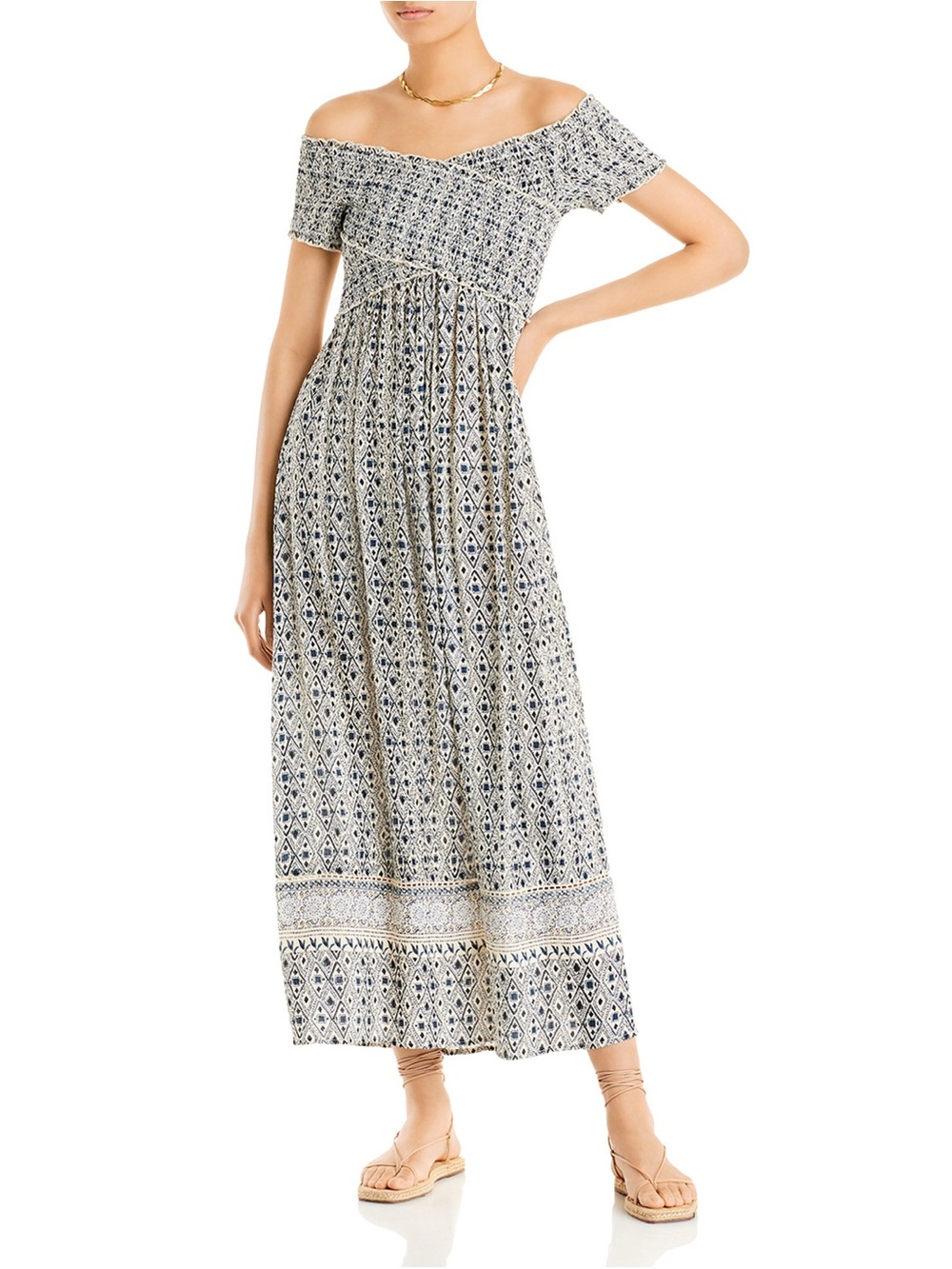 Off-Shoulder Blue & White Printed Maxi Dress